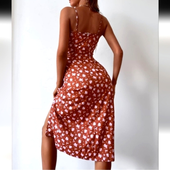 Womens Floral Rust Orange Midi Dress Back Zip Spaghetti Straps Slip Size Large - Picture 11 of 11